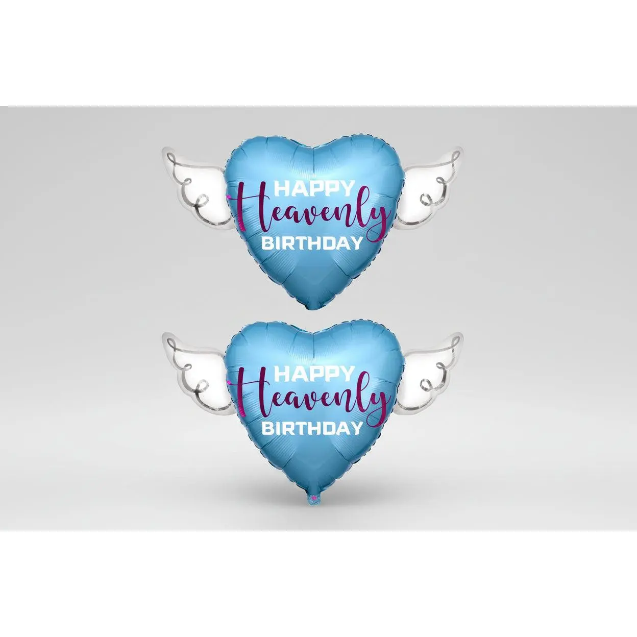 Happy Heavenly Birthday Memorial Balloon 17" – Blue Heart with Angel Wings | 2-Pack | Purple Script