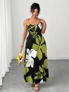 Women's Fashion Plus Size Long Dress, Floral Print Thin Strap A-Line Flowy Dress, Fitted Waist Casual Beach Party Dress, Curvy Women