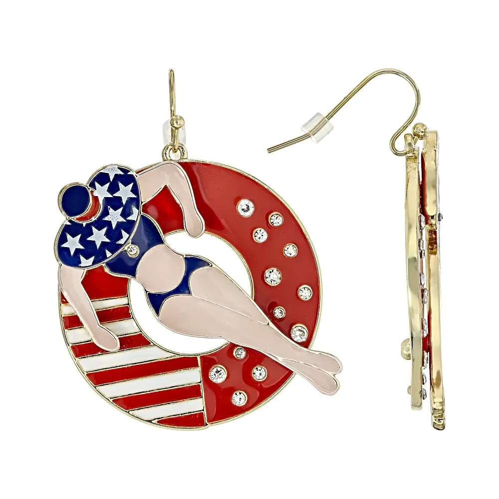 JTV Multi-Color Enamel & Crystal "Floating in Stars & Stripes" Gold Tone Earrings