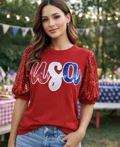 USA Sequin Top with Sequin Puffed Sleeves