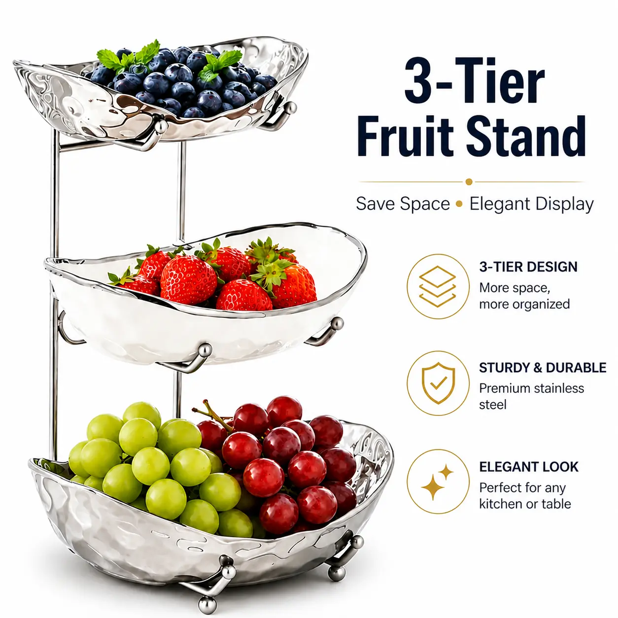 3-Layer Ceramic Fruit Bowl with Metal Frame, Assemblable Display Container, Compact Home Organizer Rack for Kitchen Countertop Fruits & Vegetables summerwins