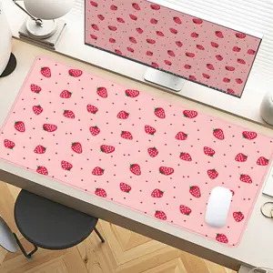 Strawberry Pink Cute Desk Pad Gaming Mousepad XXL Mouse Pad For Laptop Desk Mouse Pad Extra Large With Non-Slip Rubber Base Stitched Edges Surface For PC Gamers Office Workers & Home Use Perfect For Summer Gifts