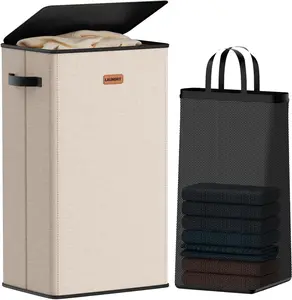 100L Laundry Hamper with Lid, Large Clothes Hampers with Removable Bag, Collapsible Laundry Basket for Bathroom, Bedroom, Laundry Room, Dorm, Beige