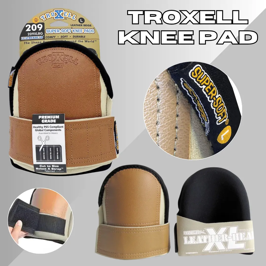 TROXELL USA SuperSoft Leatherhead Kneepads (Large Size / Bagged in Pairs) - Comfortable, Adjustable, Washable Kneepads -Heavy Duty Construction Flooring  Knee Pads for Tile, Roofing, Gardening Work | Adjustable Cut- to-Size Strap | All-Day Comfort