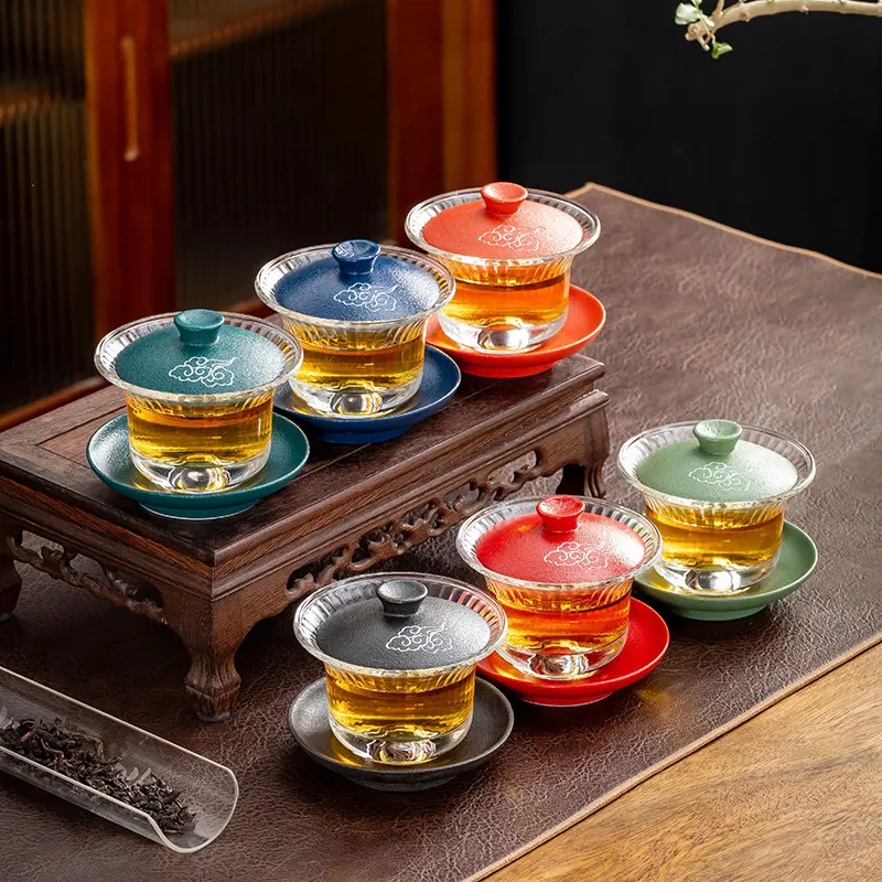 Hammered glass gaiwan, ceramic rustic pottery Lu Bao kung fu tea set, commercial tea infuser, tea bowl, tea cup wholesale