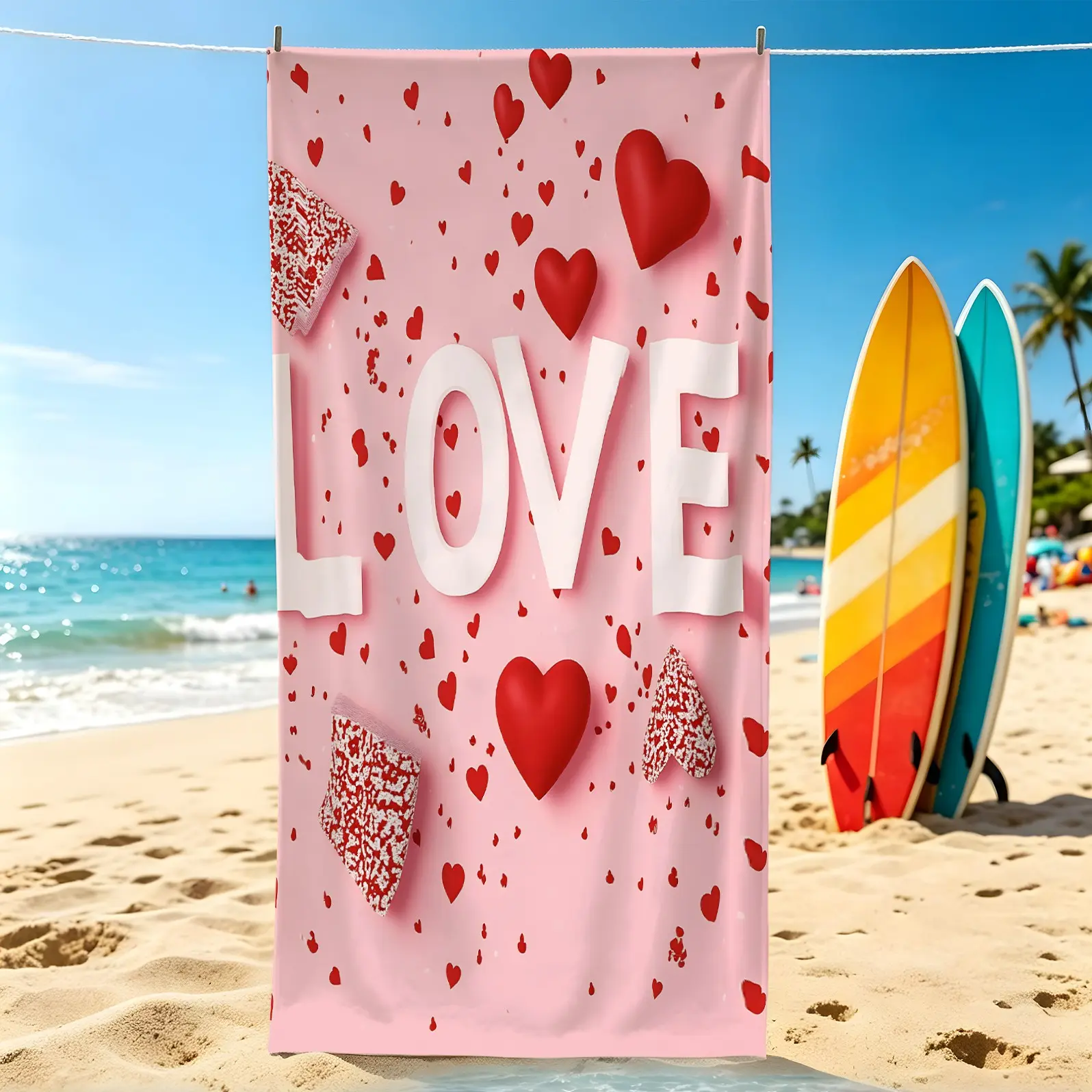 1 “LOVE” Red Heart Beach Towel, Soft and Absorbent Bath Towel, Quick Drying and Lightweight Pool Towel, Ideal for Swimming, Camping, Yoga, and Vacation Gifts
