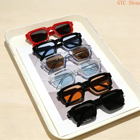 Unisex 6-Pack Vintage Rectangle Shades - Full Rim Plastic UV400 Lens Sports Sunglasses, Retro Fashion Outdoor Multi-Sports Accessory