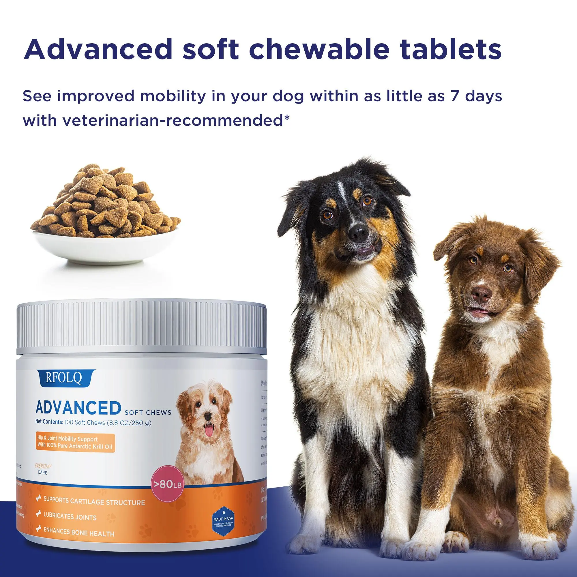 RFOLQ Premium Soft Chewables Hip & Joint Health Daily Use Supplement for Large Breeds Dogs - 100 Tablets/Pack, 24 Months Shelf Life, No Harmful Additives, with Chicken Eggshell Membrane, Krill Oil, Hyaluronic Acid, Natural Astaxanthin, Vitamin D