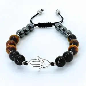 FIMENESS HAMSA EVIL EYE HEMATITE, TIGER'S EYE AND BLACK TOURMALINE 8MM CRYSTAL BEAD HANDMADE MACRAME BRACELET STAINLESS STEEL NON-TARNISH