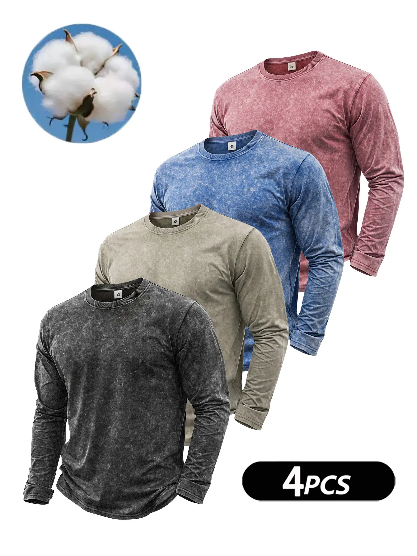 Men's Acid Wash Crew Neck Long Sleeve T‑Shirt, Vintage Distressed Casual Pullover Top, Soft Cotton‑Blend Streetwear t‑Shirt, Regular Fit Everyday Outfit for Men Autumn Street Fashion Casual Style Tee Washed Vintage Tee