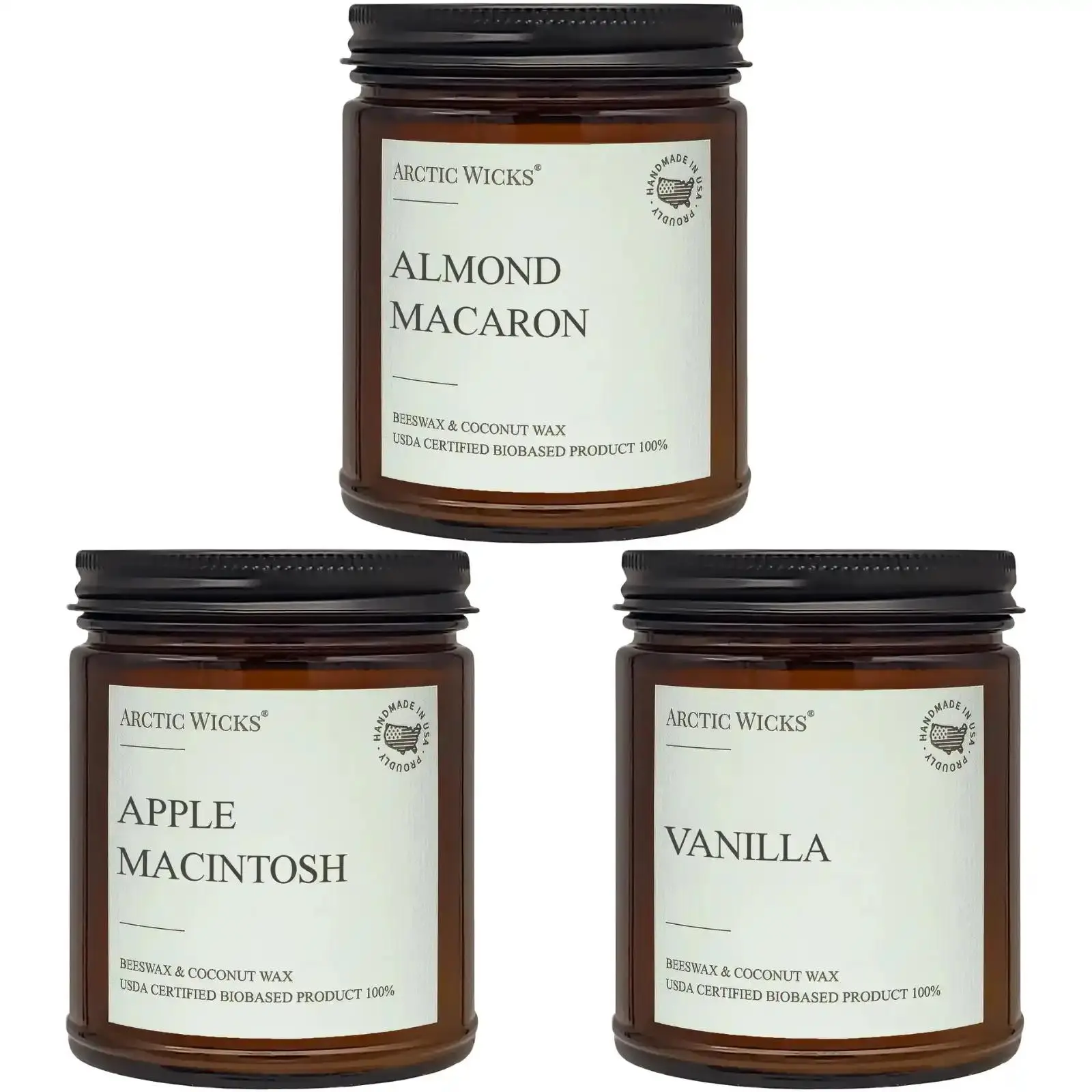 The Bakers Trio Non-Toxic 9oz Candles, Almond Macaron, Apple Macintosh, Vanilla