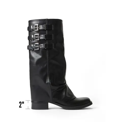 JUSTFAB Women's Vintage Moto Slouch Mid-Calf Fashion Boots - 3-Buckle Block Heel Eco Leather Riding Shoes, Brown It Girl Style, Alternative Baddie Cool Girl Aesthetic Women's Shoes for Fall Winter Casual Streetwear