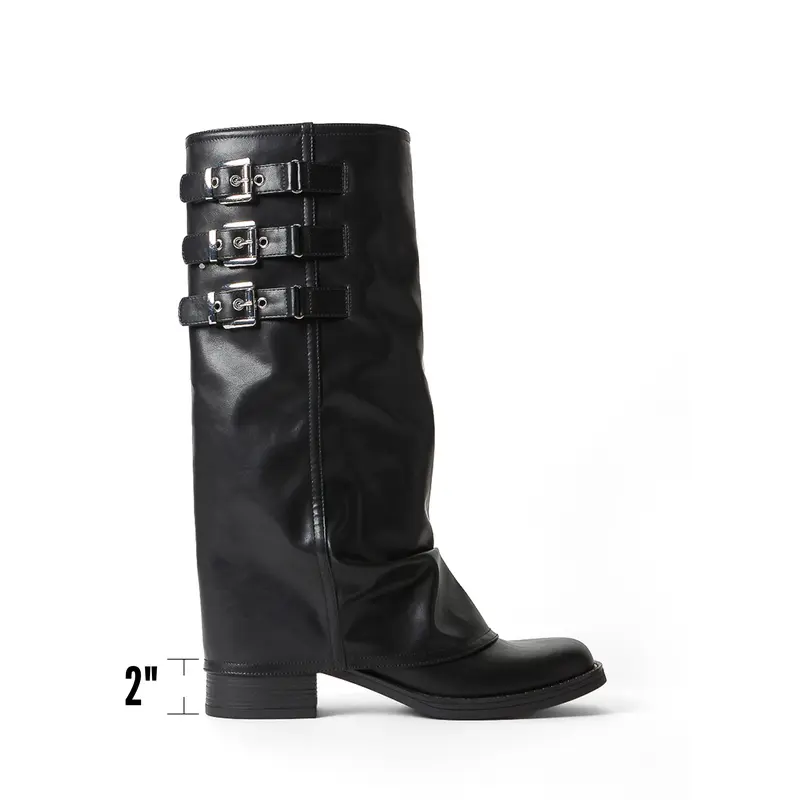 JUSTFAB Women's Vintage Moto Slouch Mid-Calf Fashion Boots - 3-Buckle Block Heel Eco Leather Riding Shoes, Brown It Girl Style, Alternative Baddie Cool Girl Aesthetic Women's Shoes for Fall Winter Casual Streetwear