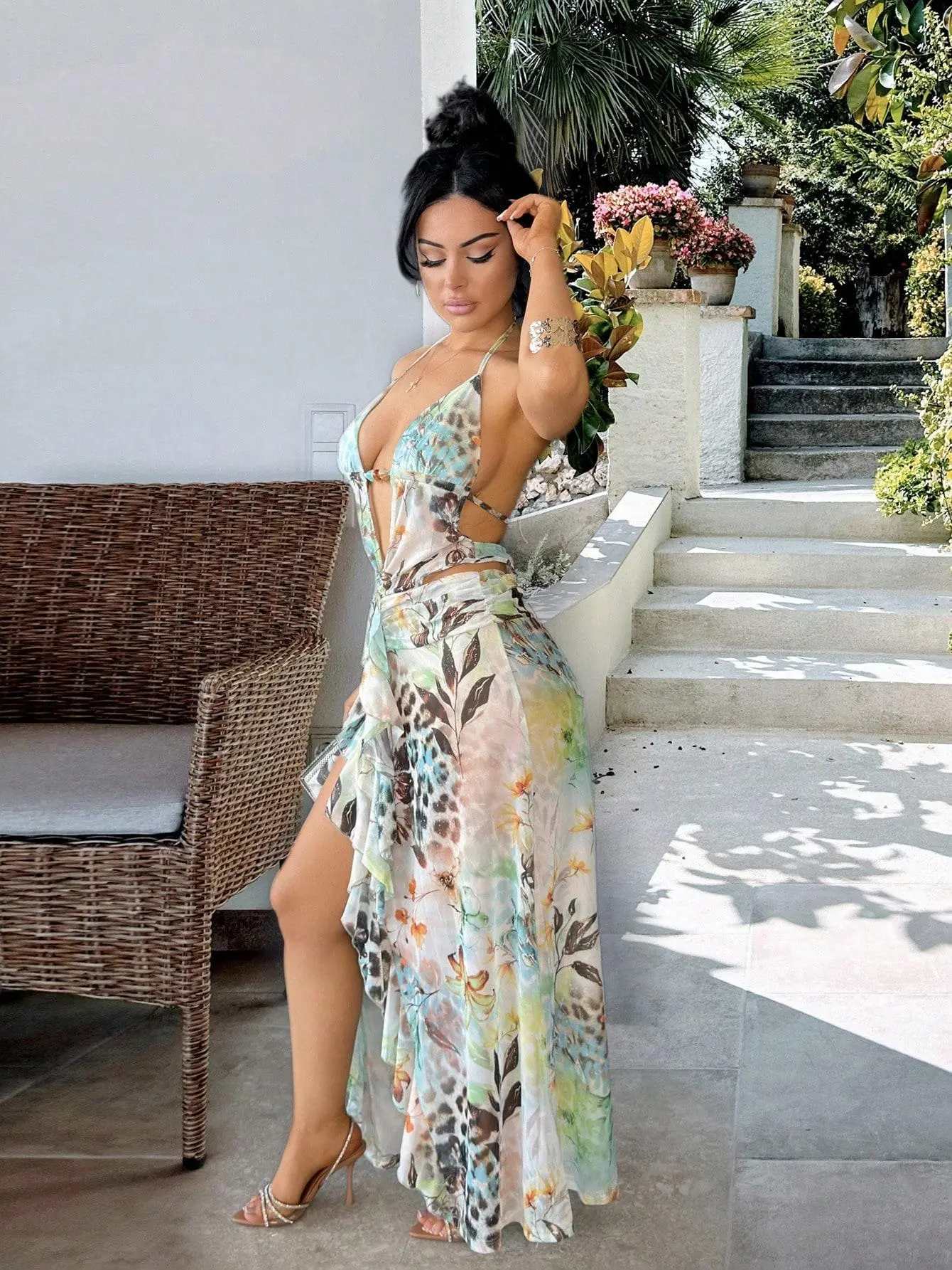 Women's Floral Leopard Print Maxi Dress | Elegant Backless Slit Bodycon Dress With Beaded Detail And Figure Flattering Silhouette | Spring Summer Beach Vacation Holiday Party Wedding Guest Resort Date Night Going Out Outfit For Women Sleeveless Asymmetric