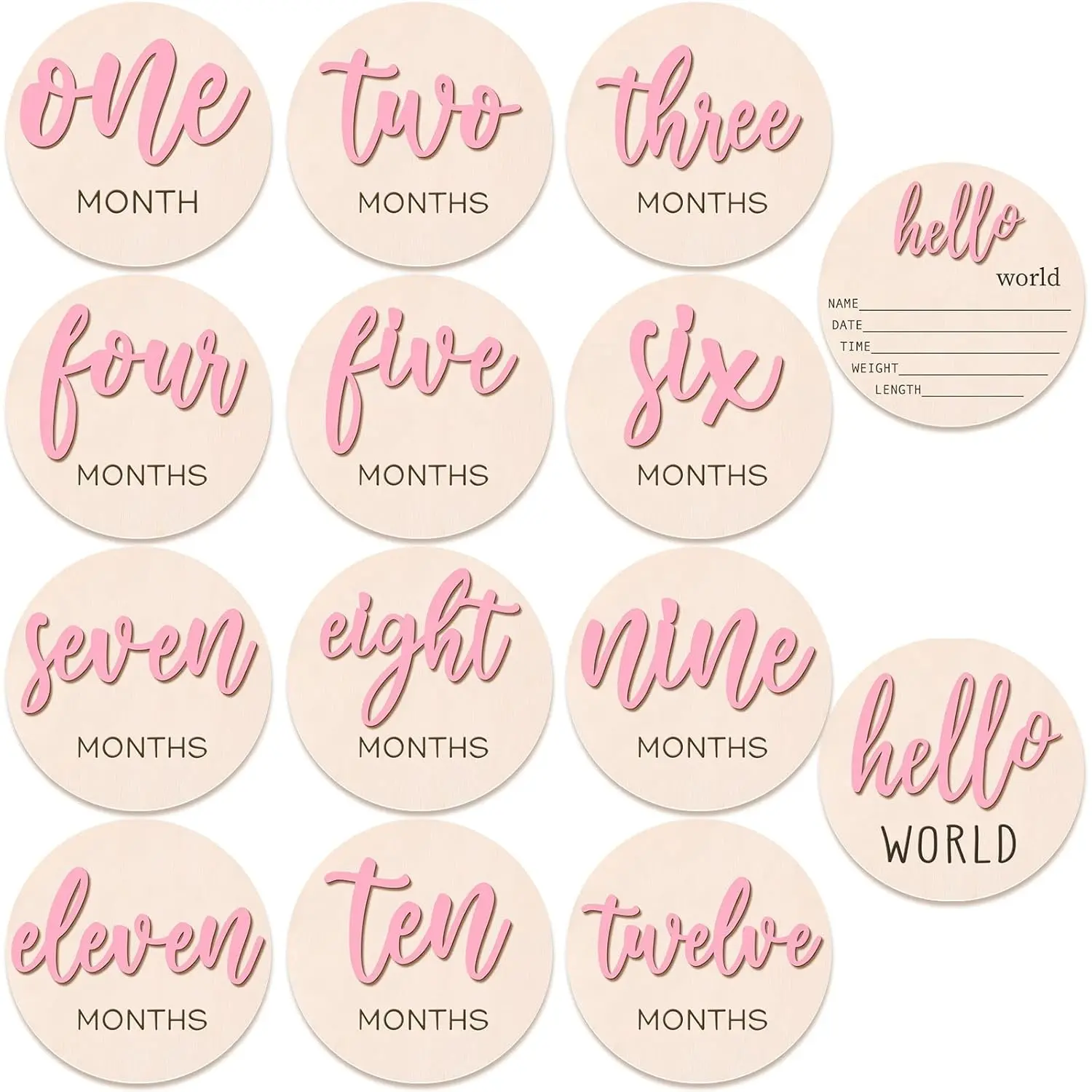 7 count  3D Monthly Milestone Wooden Signs Girl  1-12 Months Announcement Card Sign  Markers Disc Block  Keepsake Double Sided Engraved Keepsake Photo Prop ()