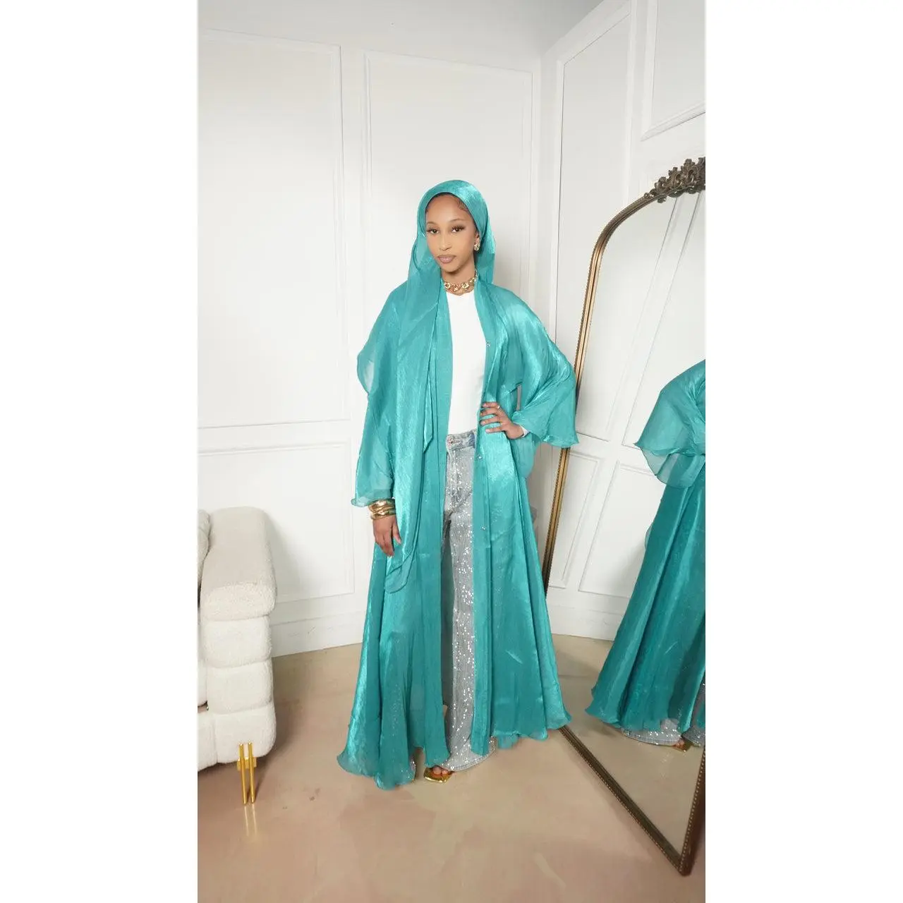 Blue Sheer Organza Abaya Set - Lightweight Elegant with Matching Hijab & Button Front Closure for Spring Summer