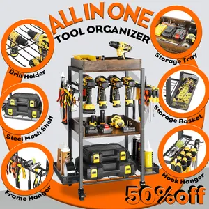 Rolling Tool Organizer Cart with Power Tool Holder, 3-Tier Garage Storage Rack with Hooks and Side Baskets, Heavy Duty Metal Tool Storage Cart for Drill Battery Tools, Workshop Garage Shed Organization