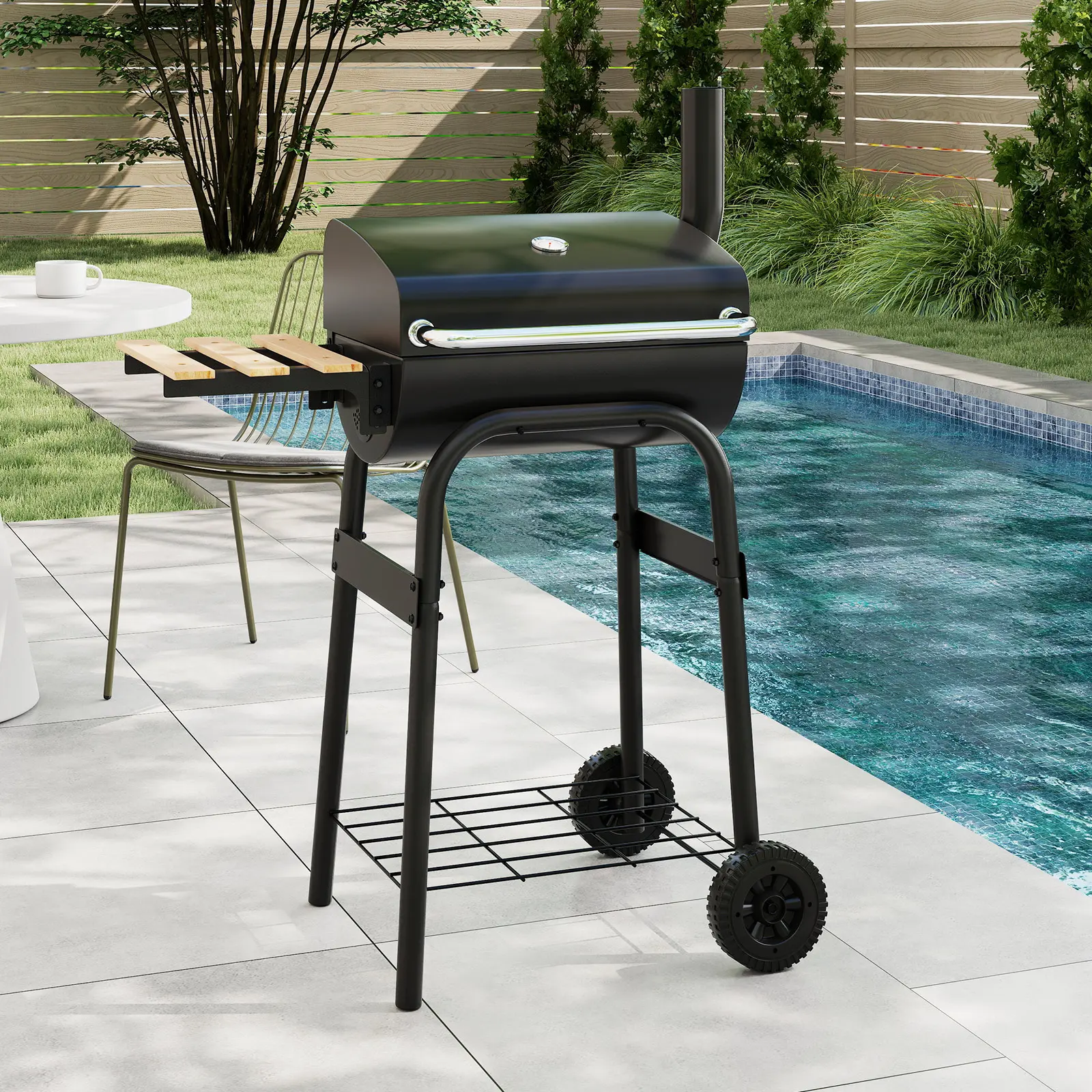 COSTWAY - Barrel Charcoal Grill with Foldable Side Table and Thermostat-Black COSTWAY - Barrel Charcoal Grill with Foldable Side Table and Thermostat-Black