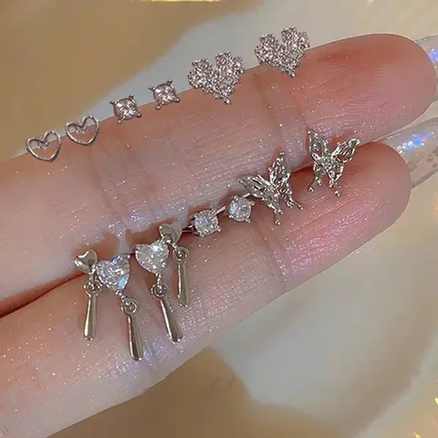 12 Pcs Y2K Fashion Butterfly Heart Bling Earrings Set, Stud Earring Sets, Party Dating Gift, Daily Versatile Jewelry, Cute Accessories for Women