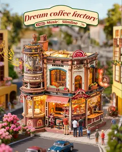 ROKR Dream Coffee Factory DIY Moving Miniature House Kit, 3D Wooden Puzzles for Adults with Music Box & LED Lights, No Glue Kinetic Model Building Kit