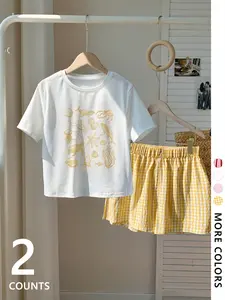 2 Piece Women's T-Shirt with Bow Letter Print, Casual Elastic Waist Plaid Loose Shorts Set for Retro and Sporty Styles