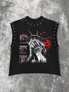 Unisex Sleeveless Nail Decor Vest, Casual Loose-Fitting Top, Liberty Statue Geometric Graphic Print, Daily Wear, Street Art Style