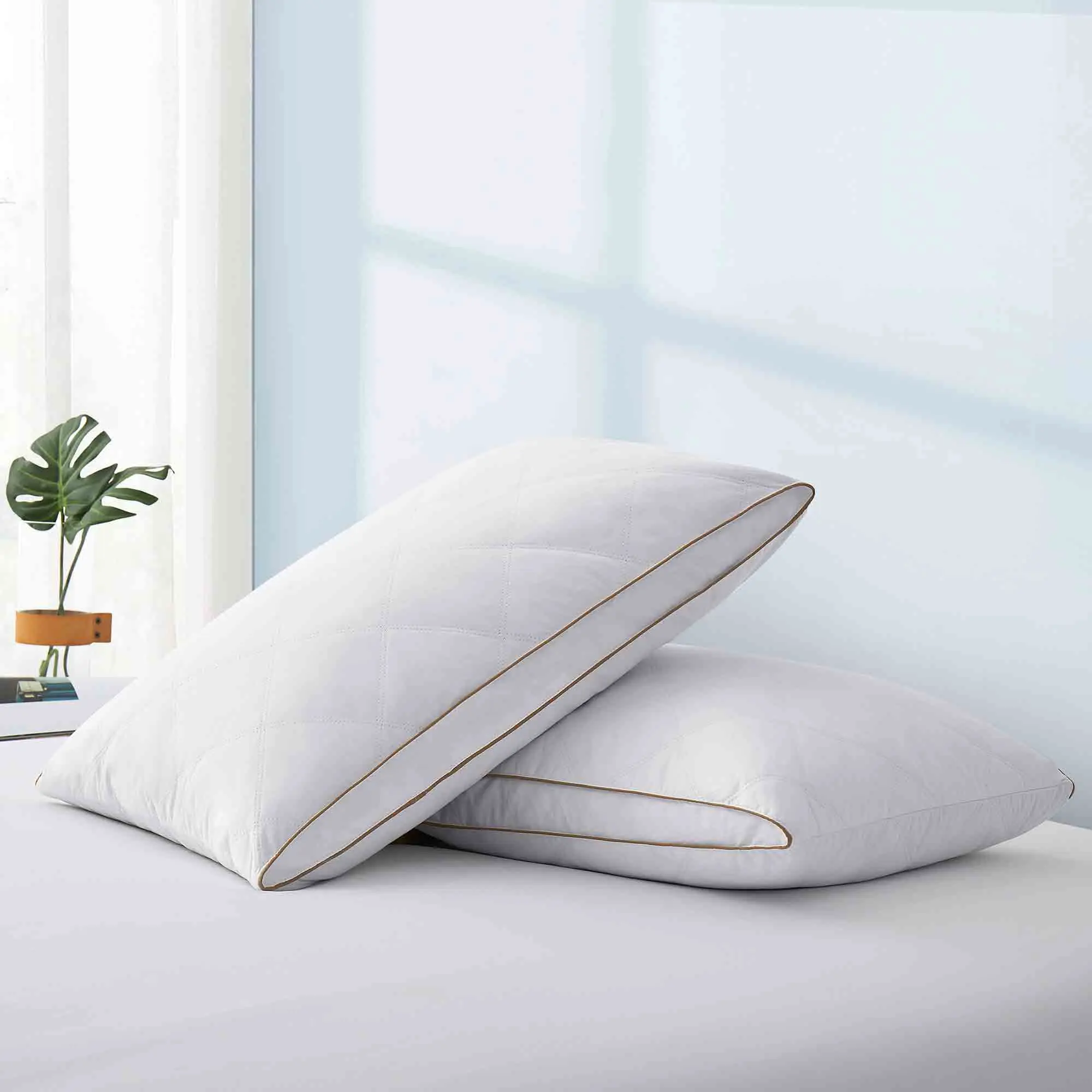 PEACE NEST 2-Pack Gusset Shape Cotton Cover Pillows, 5% Grey Goose Down Feather Fill, Queen-King Size Soft Machine Wash Head-Rest for Side & Back Sleepers