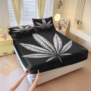 Stylish black and white cannabis leaf print fitted sheet set,Includes 1 Fitted Sheet & 2 Pillowcases without Filler,Trendy and unique, comfortable and soft bedding,Suitable for all seasons, a great addition to your home.