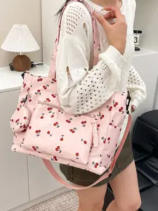 2026 New Cherry Floral Cute Sweet Student Large Capacity Commuter Woven Bag, Crossbody Shoulder Handbag with Coin Purse