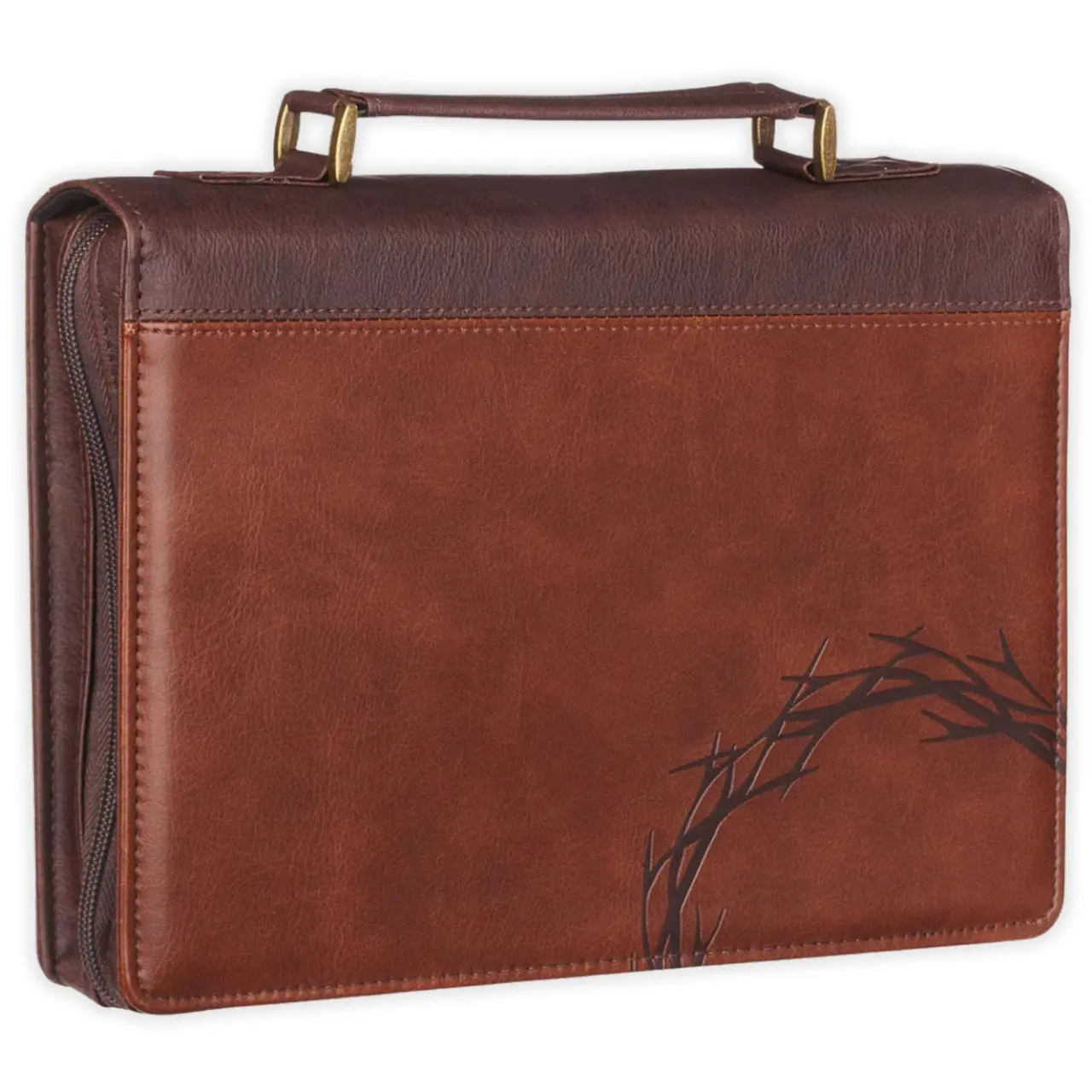 Large-Size Brown Faux Leather Bible Cover with Crown of Thorns Design, Antique Gold Accent