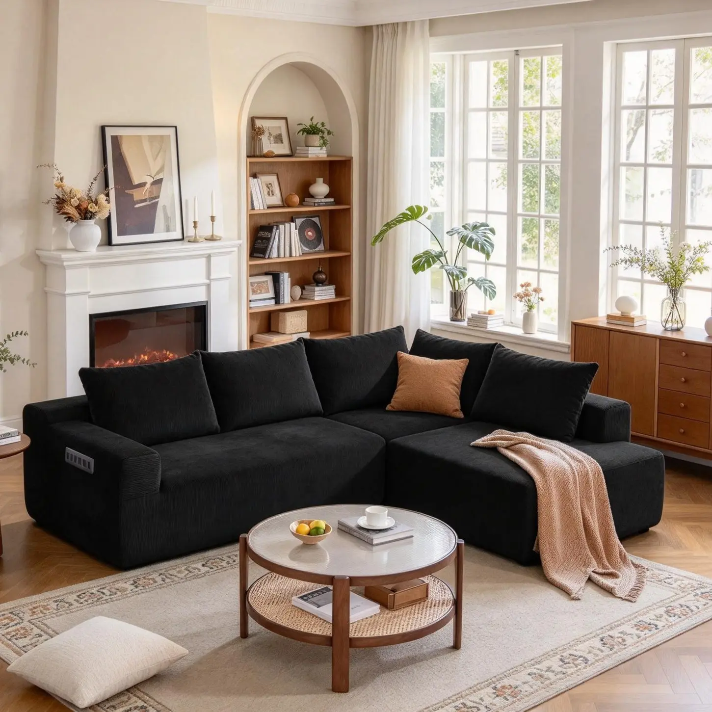 Large Comfortable 132-Inch Modern U-Shaped Modular Sectional Sofa (Convertible to Bed) Comfortable Deep-Seated Corduroy Sofa Bed with 4 Large Back Pillows; for Living Room, Bedroom, and Apartment (5-Seater); Extra-Large Modular "Cloud-Like" Comfort Sofa