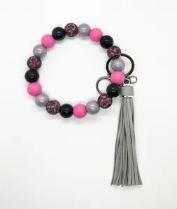 Concho Studded Leopard Print | Silicone Bead Wristlet Keychain with Faux Leather Tassel