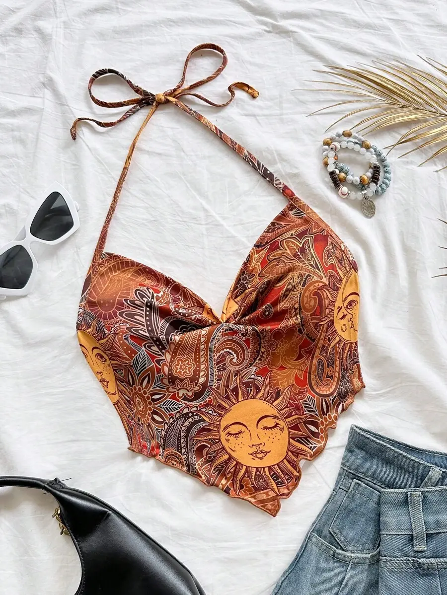 Soleia Women's Retro Paisley Print Draped Neck Blouse,Brown Boho Holiday Music Festival,Boho Vacation Beachwear Top For Date,Afternoon Tea,No Chest Padding