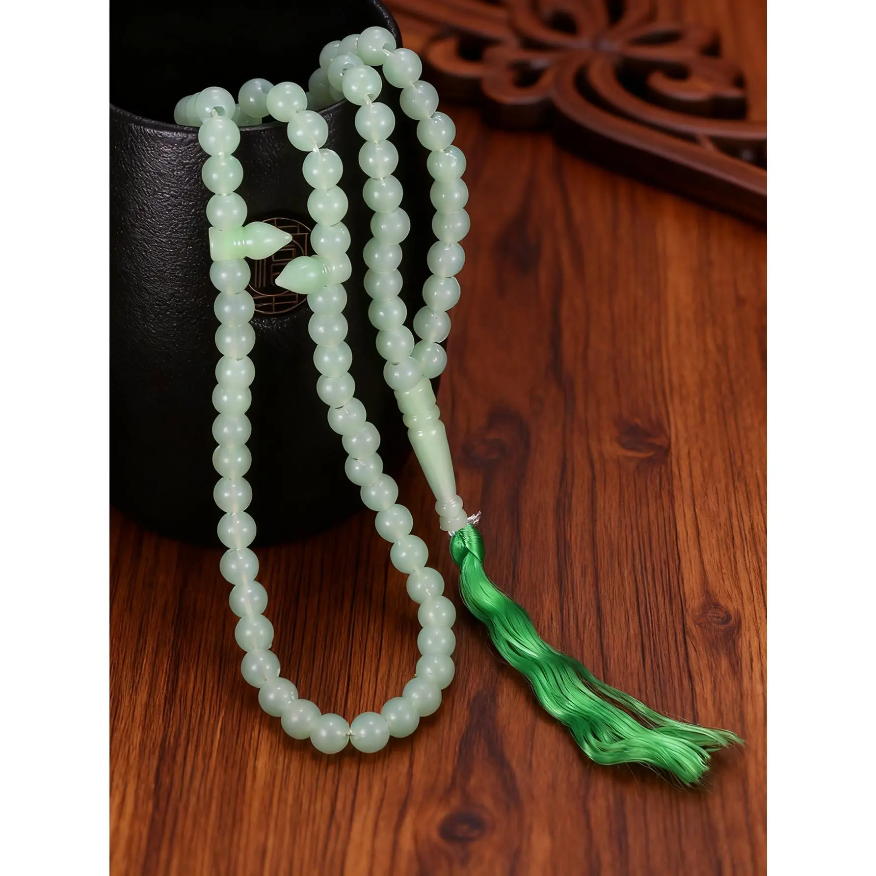 Chinese Style Green Beaded Tasbih Necklace - Minimalist Zen Middle Eastern Prayer Bead String, Culturally-Inspired, Ethnic-Inspired Necklaces, Bead String Necklaces