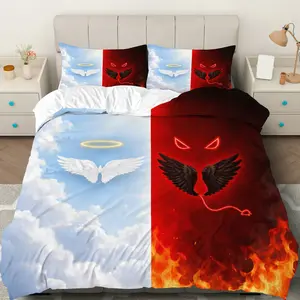 3PCS Duvet Cover Set, 1 Duvet+2 Pillowcases(Without filler), Angel Devil Fire Sky theme, Halloween bedding set, Reversible Creative Comfortable Suitable for decoration bedroom dorm apartment