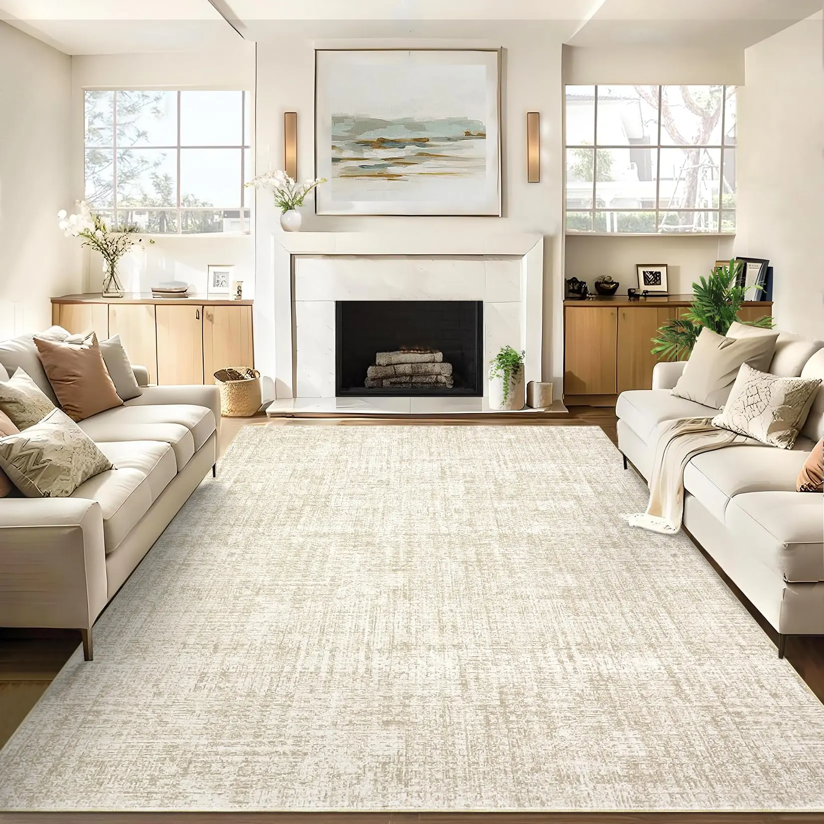 Garvee 5x7 Washable Area Rug for Living Room, Bedroom, Office, Dining Room, Nursery - Modern Solid Low Pile Throw Carpet, Stain Resistant, Beige/Grey