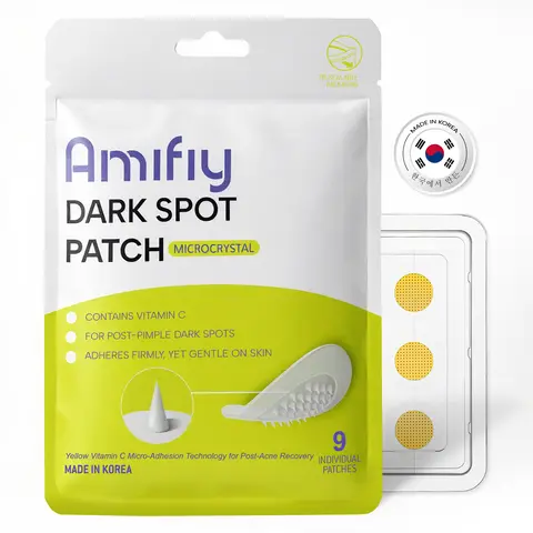 Amifiy Pimple Patches with Microcrystal Dark Spot Patches, Korean Skincare Post-Blemish Redness Cover on Body & Face, Acne Pimple Spot Remover with Vitamin C, Kojic Acid & Tranexamic Acid, 9 Count