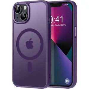 Strong Magnetic for iPhone 13 Case & iPhone 14 Case [Compatible with Magsafe] Translucent Matte Slim Shockproof Women Men Anti-Fingerprint Protective Case for iPhone 14/13 6.1", Deep Purple
