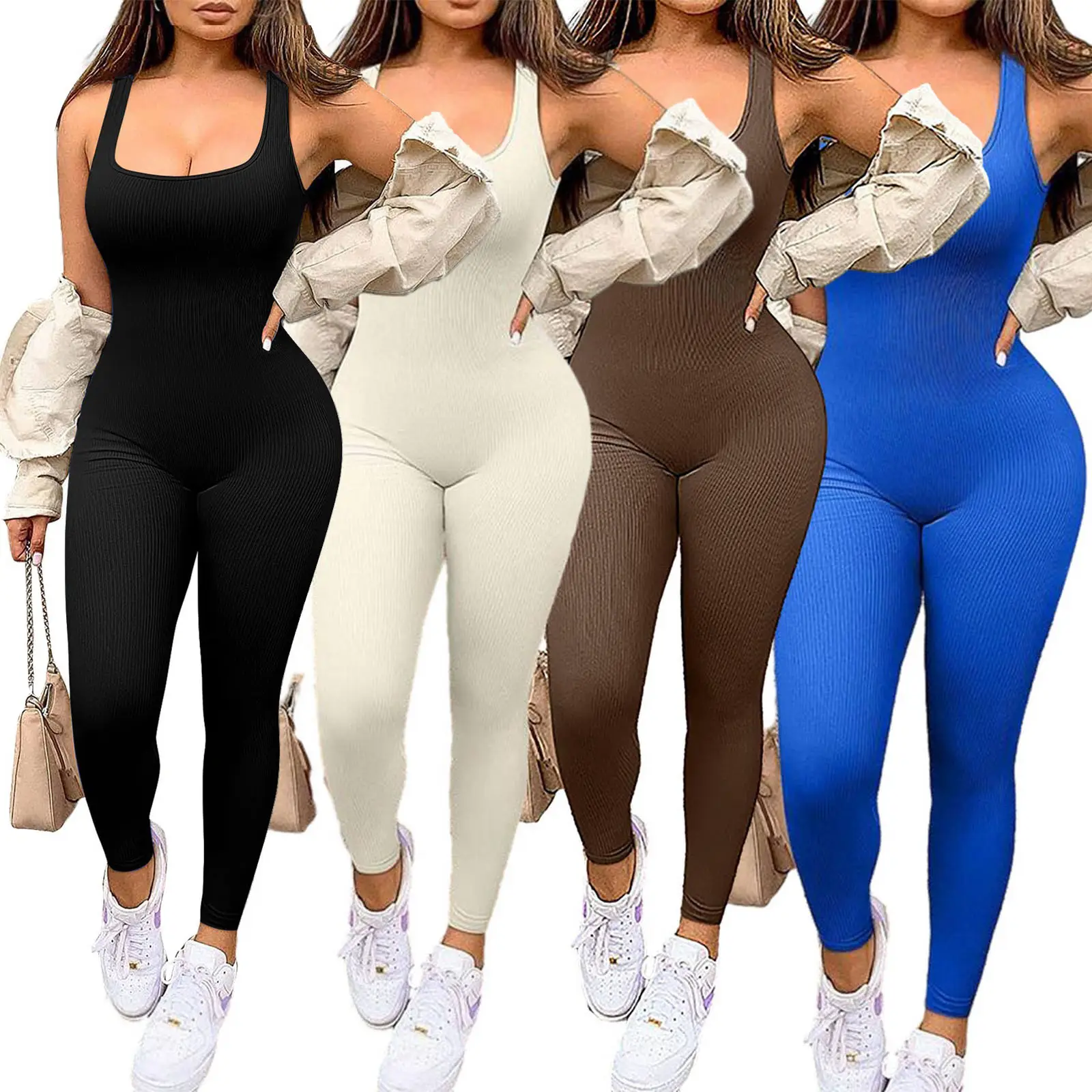 Women Sleeveless Jumpsuit Square Neck Ribbed Rompers Solid Workout Bodycon Sport Jumpsuit One Piece Outfits