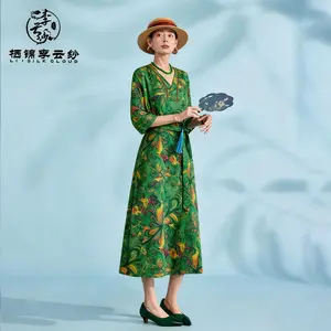 Guangdong Black Pearl Gambiered Guangdong Gauze xiangyunsha V-Neck 1/2-Sleeve Dress, Natural Tuberose Dye, Ancient Sun-Drying Craft, Drapable & Wrinkle-Resistant, Neat with Blazers for Work