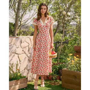 Red V Neck Lace Floral Maxi Dress