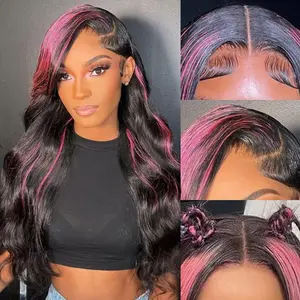 1B/Pink Colored Lace Front Wig Human Hair 13x6 Body Wave Ombre Pink Wig Skunk Stripe Human Hair Wig Glueless Wigs 180% Density Frontal Wigs Human Hair