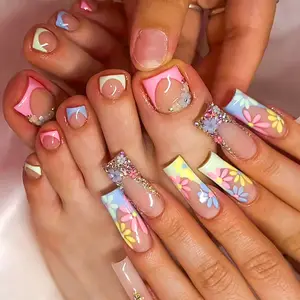 French Tip, Flower Rhinestone Design, Press On Hand and Toe Nails 48 Piece Set, Wear in 5 Minutes
