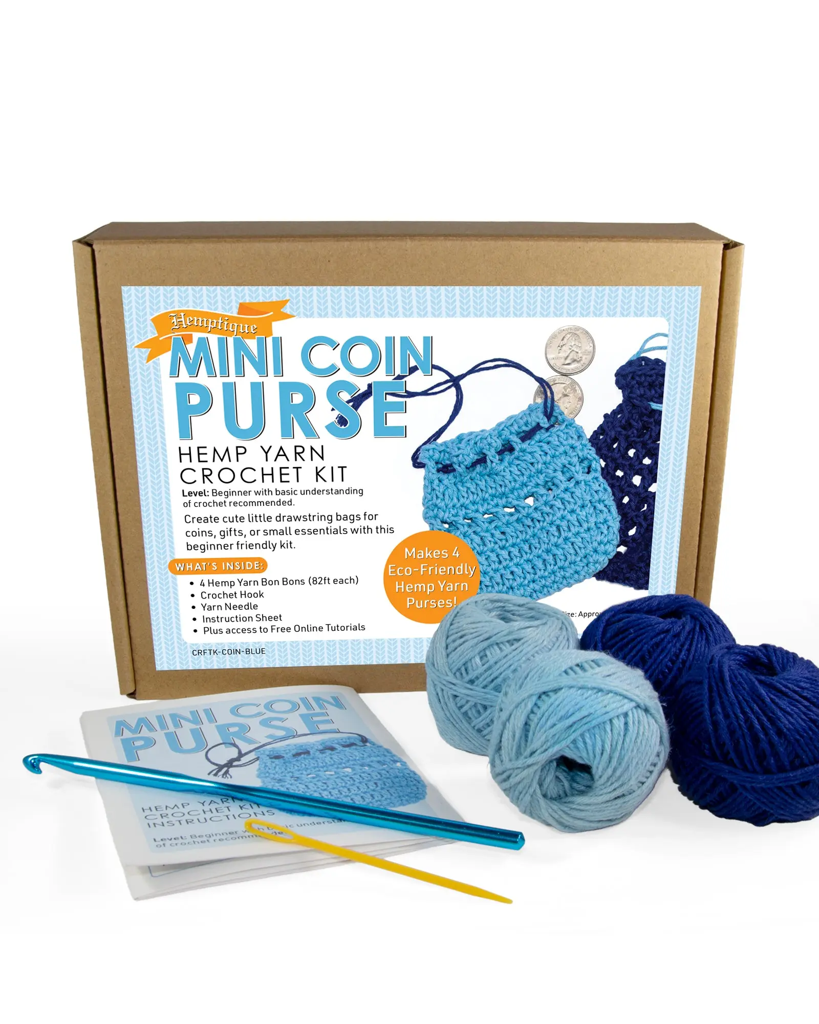 Hemp Yarn Crochet Kit - Blue Mini Coin Purse