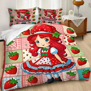 2/3Pcs Strawberry Shortcake Duvet Cover Set, Quilt Cover Set, Cartoon Bedding Set for Kids, Vibrant Colors with Strawberry Pattern, Soft and Cozy for a Bedroom Decor, Includes 1 or 2 Pillowcase, No filling, Zipper Closure