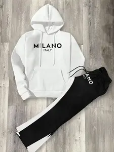 Men's Letter Print Hoodie & Pants Set, Casual Street Long Sleeve Hooded Sweatshirt & Pants, Men Two-piece Athleisure Outfits for Fall & Winter