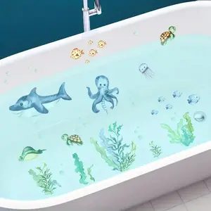 6 Piece UV Bathtub Stickers Set, Shark Seaweed Octopus Pattern, Waterproof Matte Bath Decals, Cute Bathroom Accessories