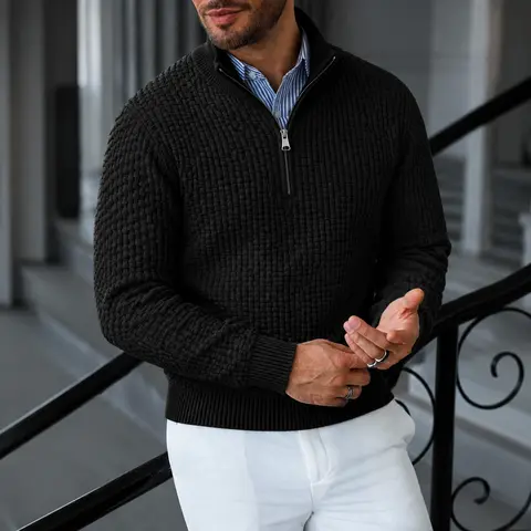 #Sohochic Men's Premium Waffle Knit Quarter Zip Sweater. Minimalist Solid Color Mock Neck Pullover. Versatile Fall Winter Layering Piece for Smart Casual, Office & Daily Wear. Elevated Old Money Aesthetic Textured Knitwear Top.