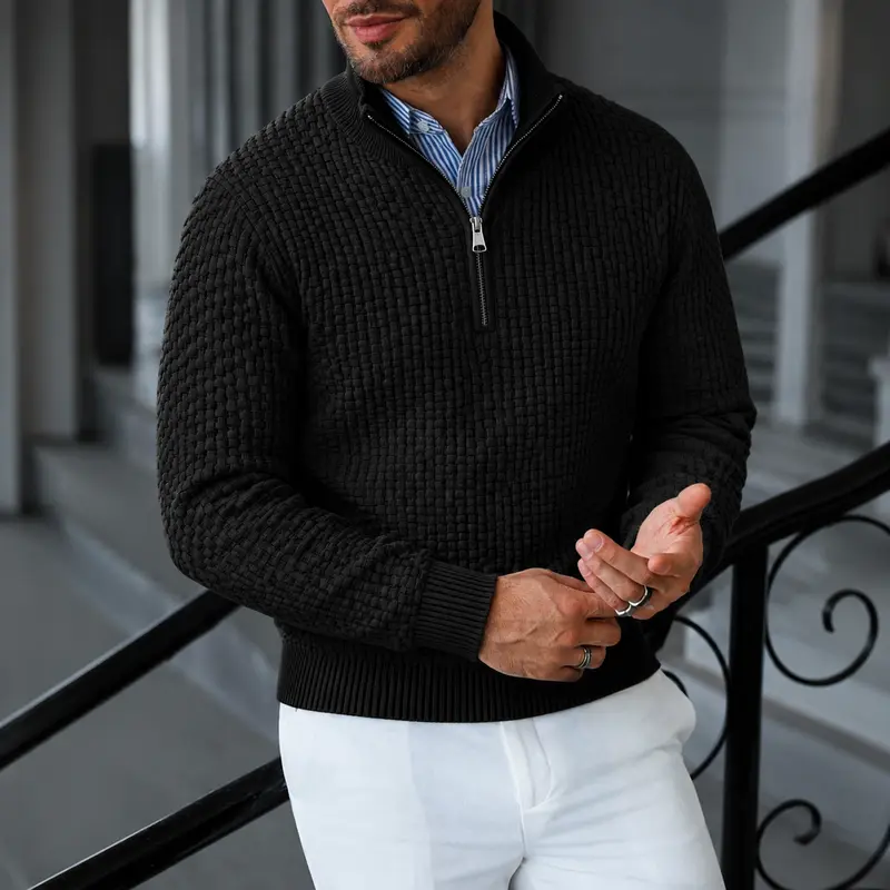 #Sohochic Men's Premium Waffle Knit Quarter Zip Sweater. Minimalist Solid Color Mock Neck Pullover. Versatile Fall Winter Layering Piece for Smart Casual, Office & Daily Wear. Elevated Old Money Aesthetic Textured Knitwear Top.