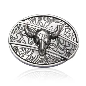 Vintage Western Bull Skull Belt Buckle, Alloy Metal Cowboy Belt Buckle, Retro Engraved Oval Belt Buckle Fits 3.8cm Wide Belt, Men Women Cowboy Style Belt Accessory for Jeans Pants, Perfect for Country Rodeo Themed Outfits, Durable & Unique Statement Piece